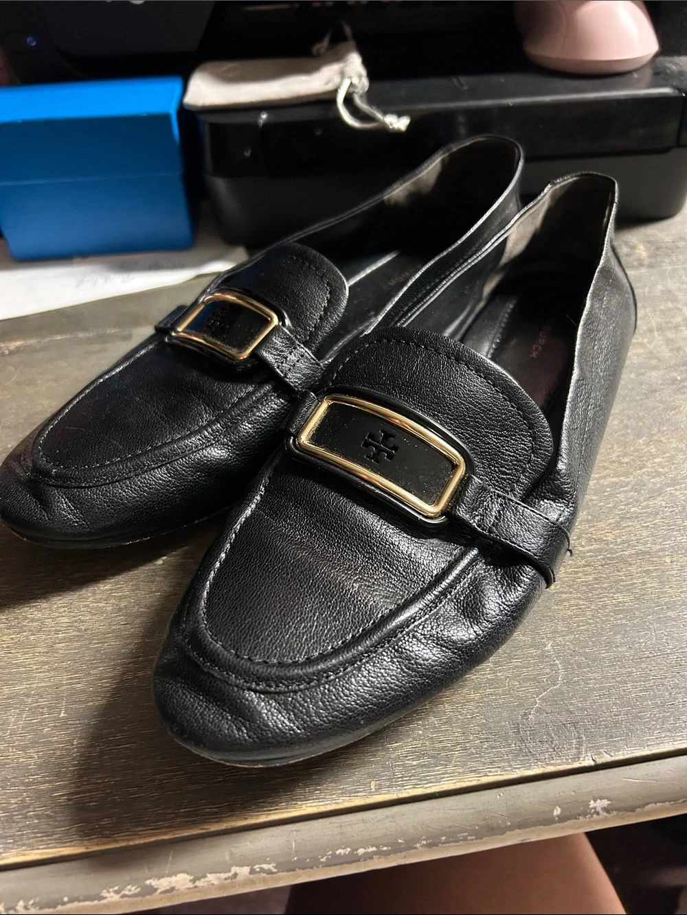 Tory Burch Georgia Loafer in black leather with gold buckle women’s 9.5
